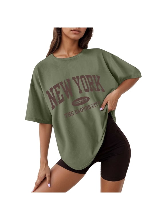 Women's Casual Graphic Print Oversized Round Neck Short Sleeve Tee Shirt Loose Fit Drop Shoulder Tops Oversized T-shirts Short Sleeve Crewneck Casual Tops