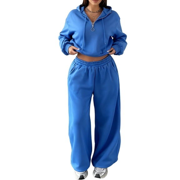 Women's Casual Half-Open Placket Pullover Hoodie and Loose Casual Sweatpants Set, Relaxed and Cozy Outfit for Home or Outings,Blue,2XL