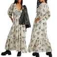Women's Casual Half Sleeve Fall Maxi Dresses Boho V Neck Vintage Floral
