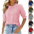 thumbnail image 1 of Women's Casual Half Sleeve Fold Round Neck Button Down Blouse Tops Shirts Tunics Solid Color Loose Fit Soft Business Casual Work Office Vacation Travel Fashion Essential Gift for Ladies, 1 of 8