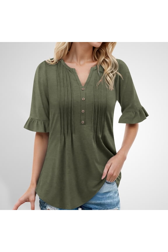 Women's Casual Half Sleeve T-Shirt Button Up V-Neck Pleated Crepe Texture Loose Fit Tunics Tee Tops