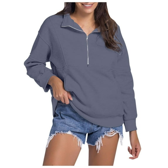 Women's Casual Half Zip Hoodie Stand Collar Loose Fit Solid Color Pullover Sweatshirt Comfortable Warm Winter Top