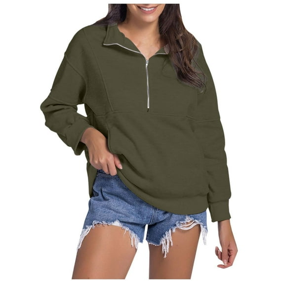 Women's Casual Half Zip Hoodie Stand Collar Loose Fit Solid Color Pullover Sweatshirt Comfortable Warm Winter Top