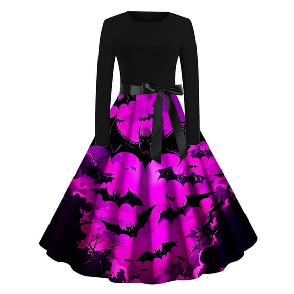 Women's Casual Halloween Dress Printed Long Sleeve Womens Round Neck Slim Dress