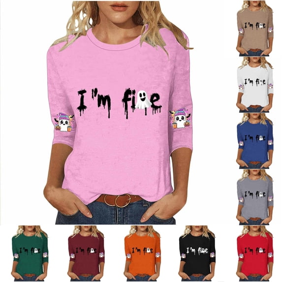 Women's Casual Halloween Print Three Quarter Sleeve Top Cute Short Sleeve Tee for Autumn Daily Wear