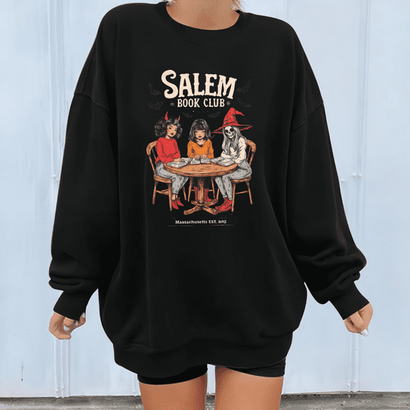 Women's Casual Halloween Salem Book Club Graphic round-neck long-sleeved cotton comfortable black S-3XL