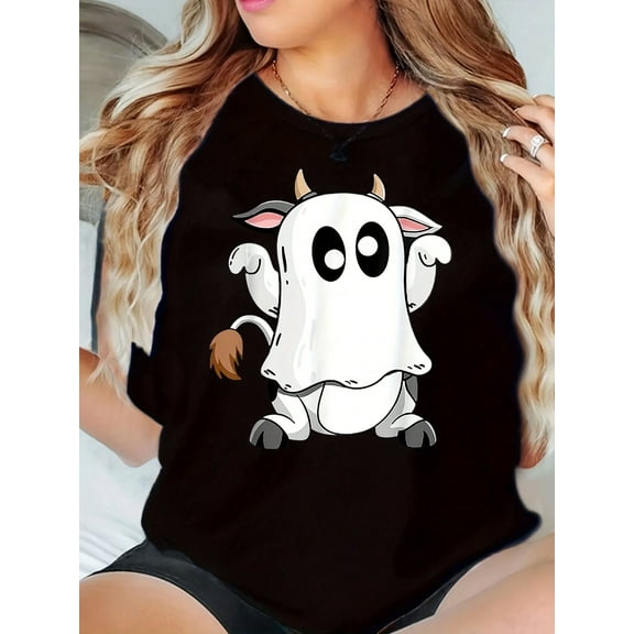 Women's Casual Halloween And Thanksgiving Highland Cow Pumpkin Theme T-Shirt, Casual Short-Sleeved Fashionable Style, Machine Washable And Comfortable Fabric 220g