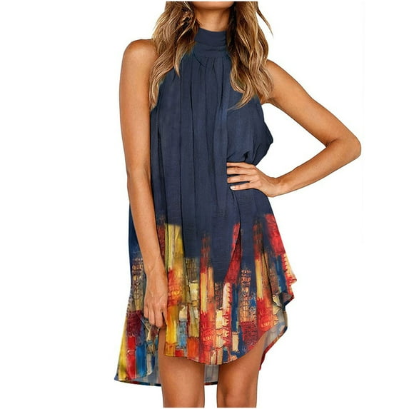 Women's Casual Halter Neck Sleeveless Floral Mini Dress Loose Summer Beach Party Dress Pleated Sundress
