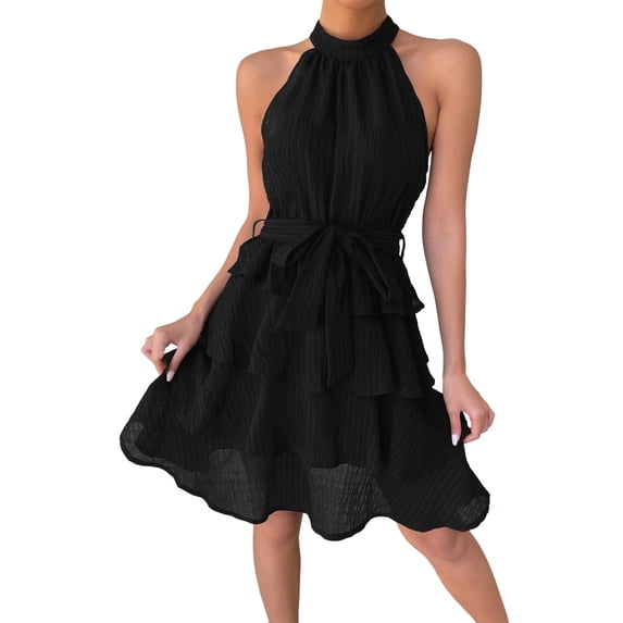 Women's Casual Halter Zipped Sleeveless Solid Color Dress Layered Ruffle A Line Mini Dress with Drawstring Black