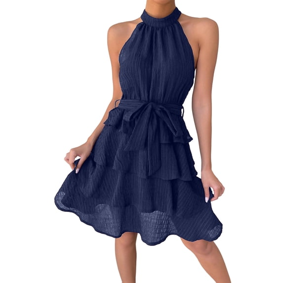 Women's Casual Halter Zipped Sleeveless Solid Color Dress Layered Ruffle A Line Mini Dress with Drawstring Navy