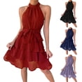thumbnail image 1 of Women's Casual Halter Zipped Sleeveless Solid Color Dress Layered Ruffle A Line Mini Dress with Drawstring Purple, 1 of 8