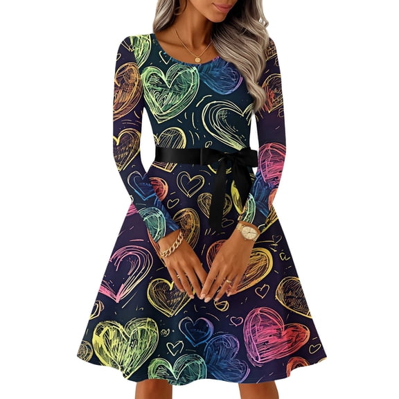 Women's Casual Heart Print Long Sleeve Dress Belted Waist Flowy A Line Skirt Romantic Red Heart Design Soft Fabric Perfect for Valentine s Day, Sizes S-5XL