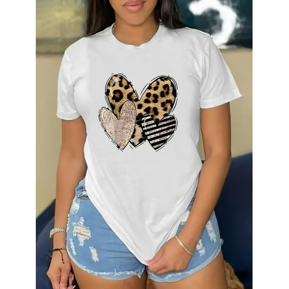 Women's Casual Heart Print T-Shirt - Crew Neck, Short Sleeve, 100% Cotton, Machine Washable, Ladies T Shirts, Leisure Style, ALL/Global/All Tee For Adult, Men, Women, Teen, Teenager