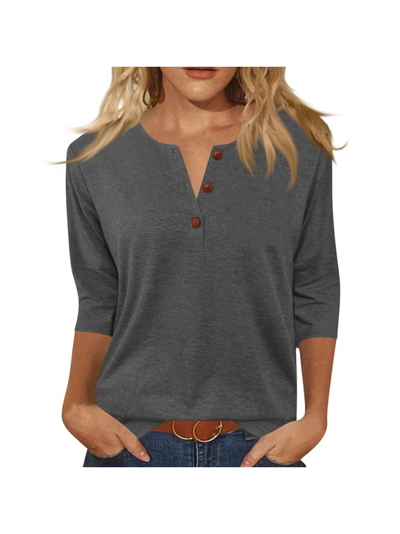 Women's Casual Henley T Shirt 3/4 Sleeve Button V Neck Solid Color Loose Fit Top Light Brown 2XL