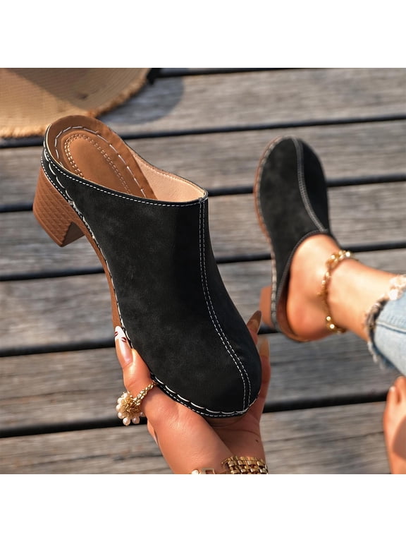 Women’s Casual High Heels Slip-On Block Heel Clog Mules with Padded Footbed for Spring and Summer Black