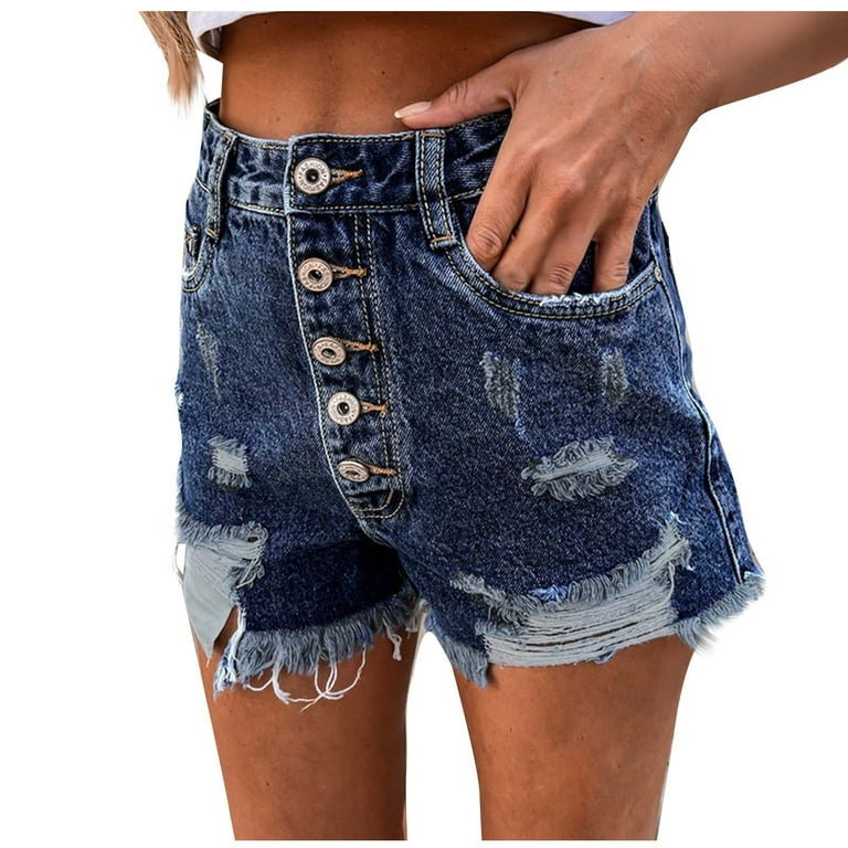 Low rise frayed denim shorts hot sale