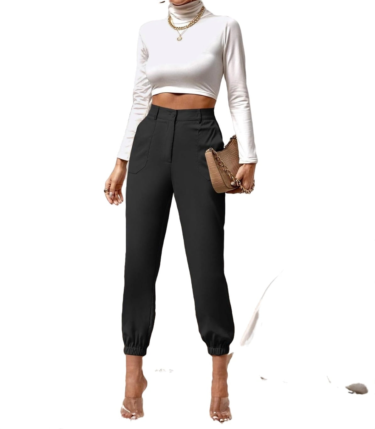Women's Casual High Waist Comfy Cropped Tapered Pants Black