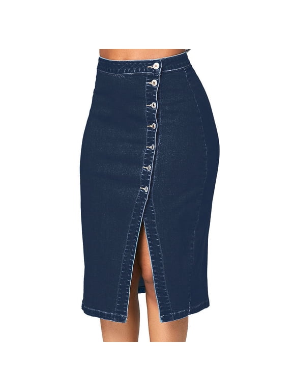 Women's Casual High Waist Denim Skirt Split Hem Midi Jean Skirts Button Side Sexy Hip Skirts Slim Fit Business Skirt