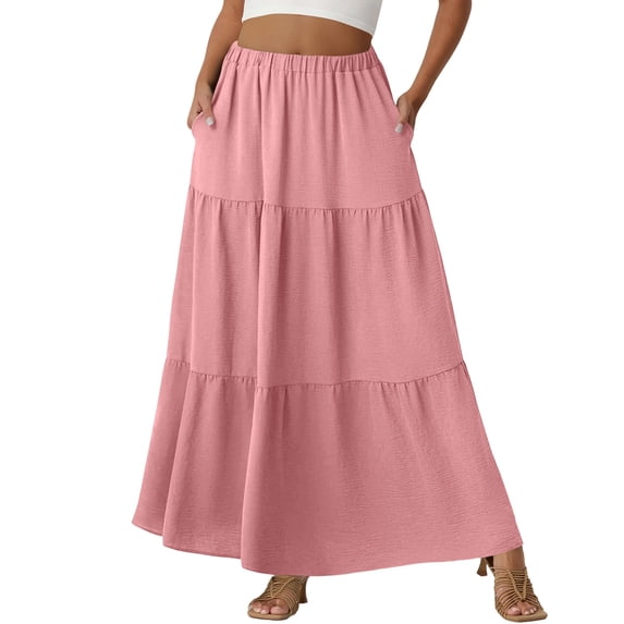 Women's Casual High Waist Drawstring A-line Maxi Skirt With Pockets Pink XXL