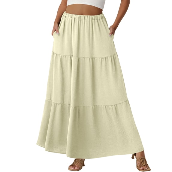 Women's Casual High Waist Drawstring A-line Maxi Skirt With Pockets Yellow XL