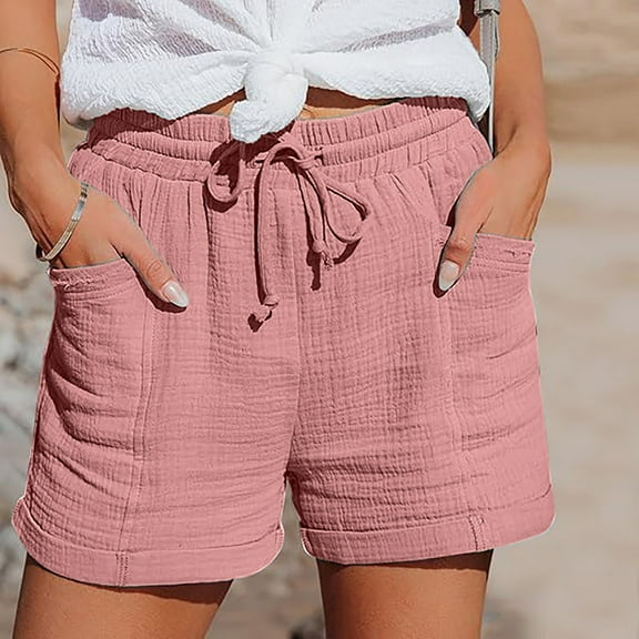 Women's Casual High Waist Elastic Shorts - Solid Color Breathable Cotton-Feel Sporty Pull-On Shorts with Back Pockets Pink S-5XL