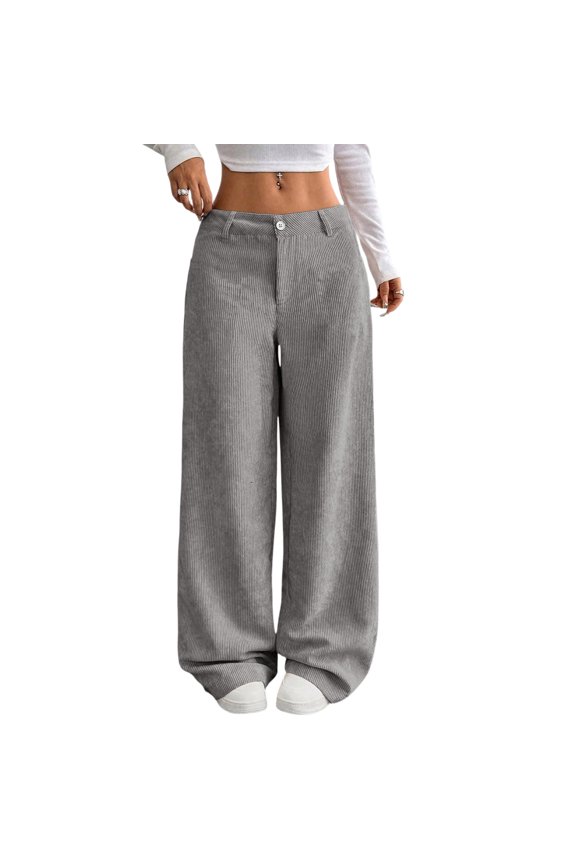 Women's Casual High-Waist Elastic Waist Corduroy Straight Leg Pants With Pockets, Gray, Size S