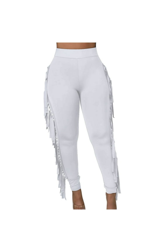 Women's Casual High Waist Fringed Pants With Elastic - Bodycon Tassels Side Long Jogger Sweatpant