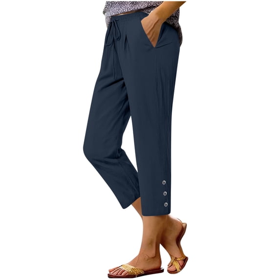 Women's Casual High Waist Linen Pleated Capris Drawstring Button Pockets Comfortable for Office Daily Weekend Shopping Beach Outings Navy XL