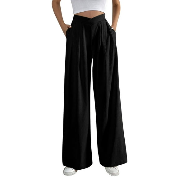 Women's Casual High Waist Plicated Pants Loose Fit Wide Leg Trousers