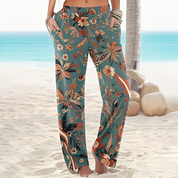 Women's Casual High Waisted Boho Beach Pants Comfortable Loose Fit Printed Trousers For Daily Wear Spring Summer Fall AI Basic Wide Leg Casual Pants for Women plus Size Womens Pants Rompers for Summer