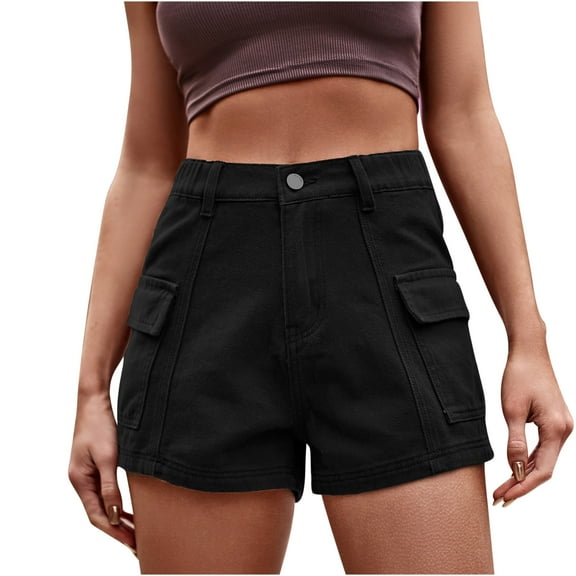 Women's Casual High Waisted Button Cargo Shorts Denim Jean Shorts Stretch Loose Fit Hiking Shorts with Pockets