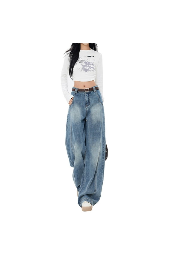 Women's Casual High Waisted Denim Pant Spring Vintage Street Silhouette Jeans Loose Wide Leg Drag Pants Banana Cargo Pants Women