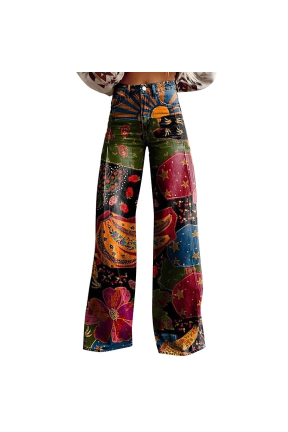 Women's Casual High Waisted Denim Wide Leg Pants Floral Patterned Pants Lightweight Loose Fit Casual Colorful Trouser Imitation Cargo Pants Women