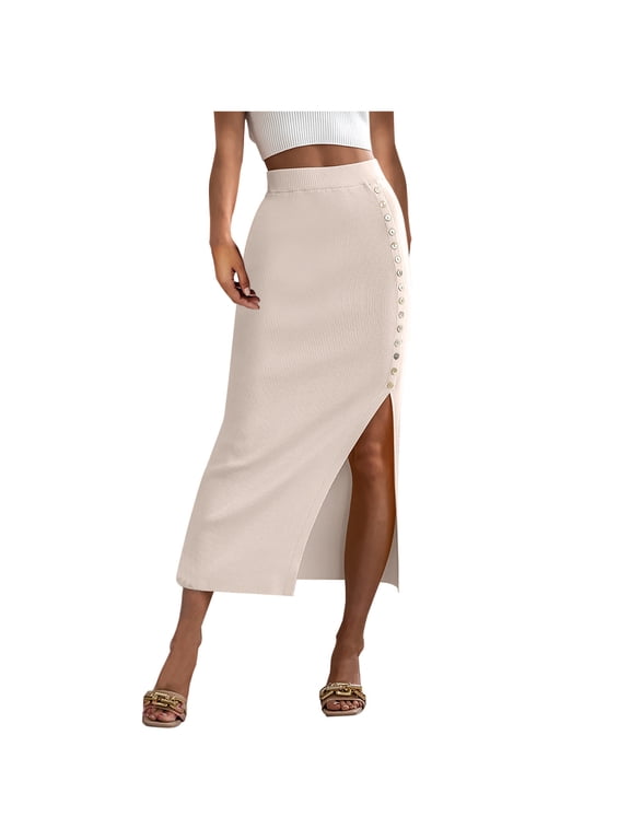 Women's Casual High Waisted Hip Skirts Button Up Denim Skirt Stretch High Waist Frayed Slit Button Split Side Skirts