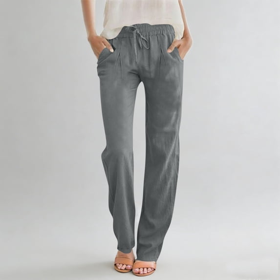 Women's Casual High-Waisted Linen-Look Loose Fit Straight Leg Pants with Pockets and Pleated Detail