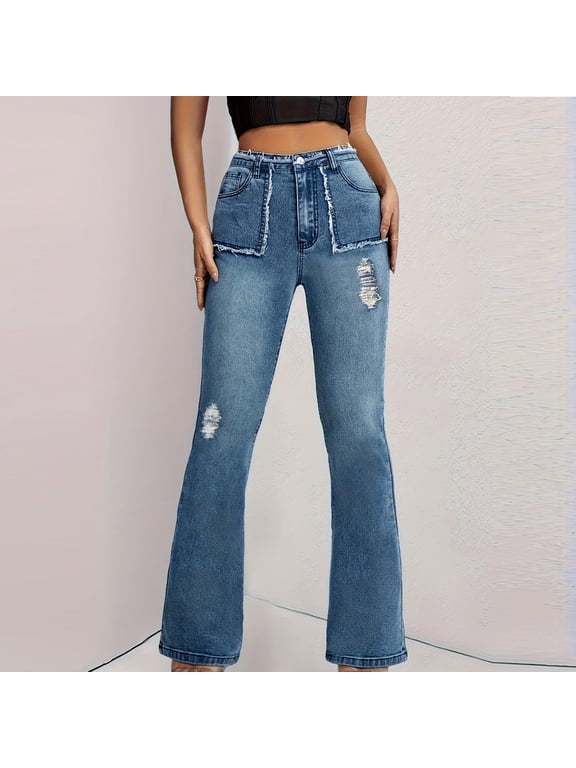 Women's Casual High Waisted Mom Jeans Ripped Stretchy Tapered Denim Pants Wide Leg Jeans for Women Trendy Light Blue XXL