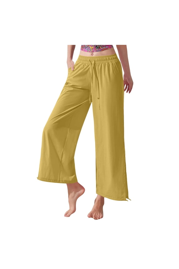 Women's Casual High Waisted Split Hem Wide Leg Loose Fit Cropped Pants With Cuffed Hem, Size S-XL