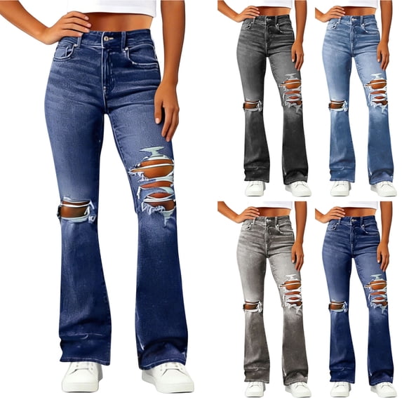 Women's Casual High Waisted Wide Leg Pants Elastic Waist Walking Pockets Jeans Denim Pant 100% | VerBelle,Blue L