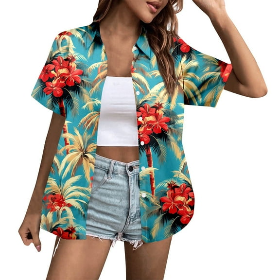 Women's Casual Holiday Coconut Tree Print Short Sleeve Shirt Blouse