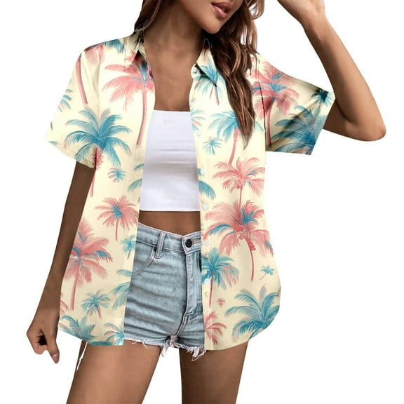 Women's Casual Holiday Coconut Tree Print Short Sleeve Shirt Blouse