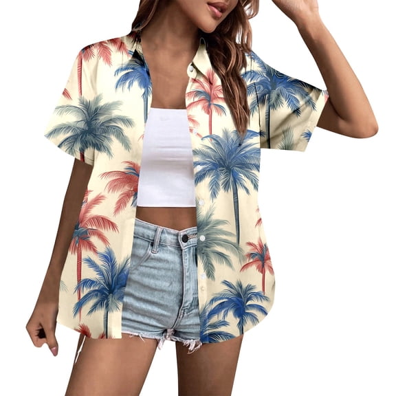 Women's Casual Holiday Coconut Tree Print Short Sleeve Shirt Blouse