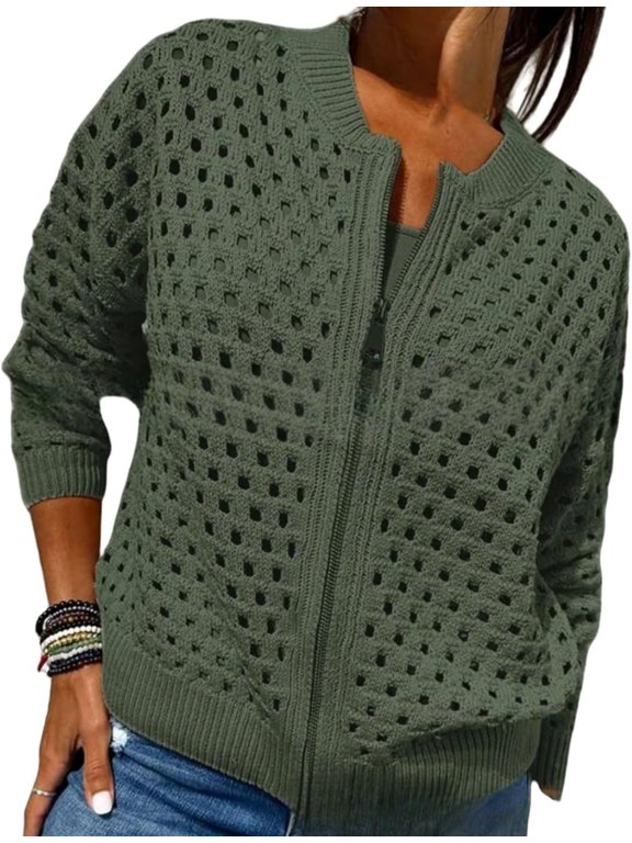 Women's Casual Hollow Knitwear Zipper Jacket, Crochet Fishnet Knit Shrugs Sweater Jacket Lightweight Cardigans Sweater