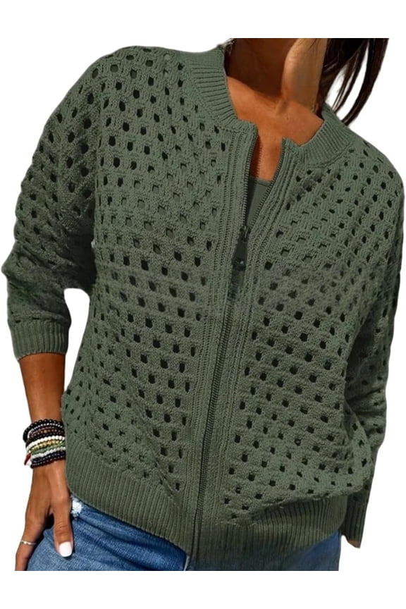 Women's Casual Hollow Knitwear Zipper Jacket, Crochet Fishnet Knit Shrugs Sweater Jacket Lightweight Cardigans Sweater