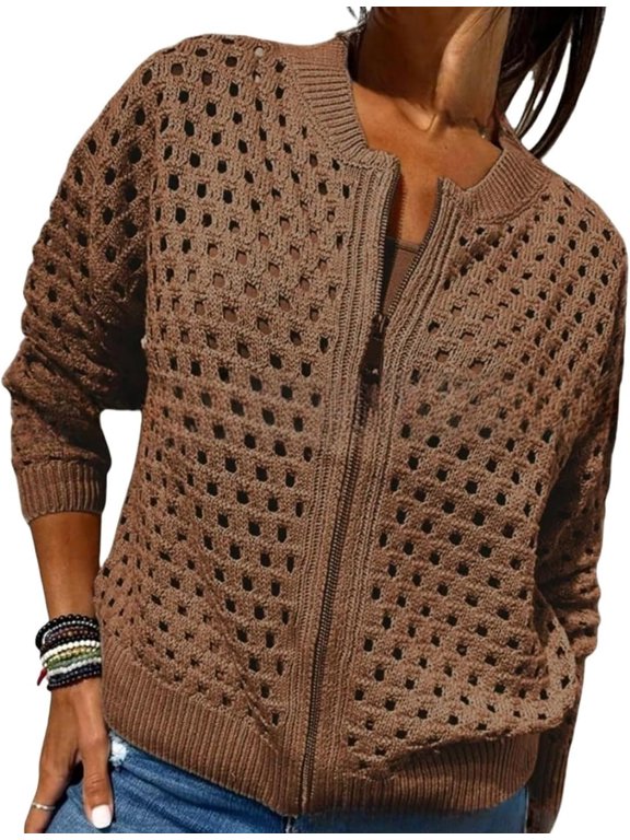 Women's Casual Hollow Knitwear Zipper Jacket, Crochet Fishnet Knit Shrugs Sweater Jacket Lightweight Cardigans Sweater
