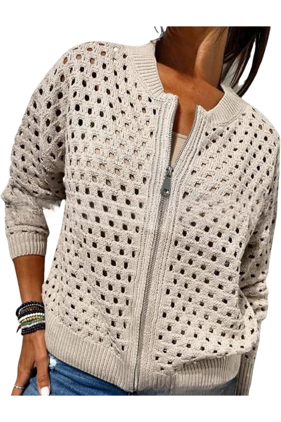 Women's Casual Hollow Knitwear Zipper Jacket, Crochet Fishnet Knit Shrugs Sweater Jacket Lightweight Cardigans Sweater