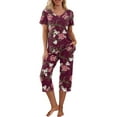 thumbnail image 1 of Women's Casual Homewear Summer Pajama Set Short Sleeve V Neck T-shirt and Capri Pants Sleepwear Lounge Suits, 1 of 6