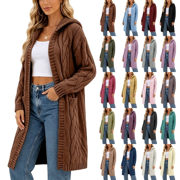 Women's Casual Hooded Cable Knit Cardigan Long Sleeve Solid Color Open Front Sweater with Pockets Perfect for Layering
