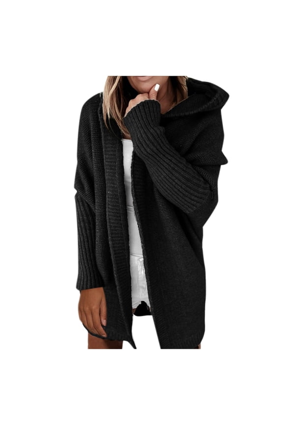 Women's Casual Hooded Open Front Cardigan with Batwing Sleeves and Patchwork Design