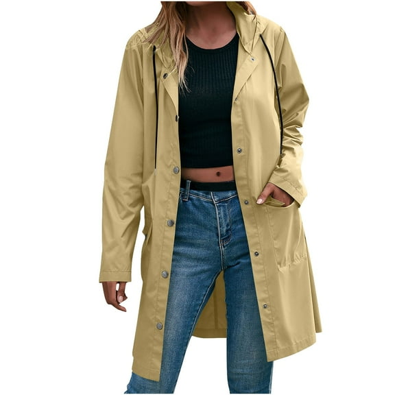 Women's Casual Hooded Raincoat Light Jacket Zip Up Long Overcoat Fashion Waterproof Windbreaker