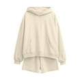 thumbnail image 1 of Women's Casual Hooded Shorts Set Fashion Long Sleeve Pullover Hoodies Sweatshirt with Shorts Sport Loungewear Sweatsuits Outfits Beige 3XL, 1 of 2
